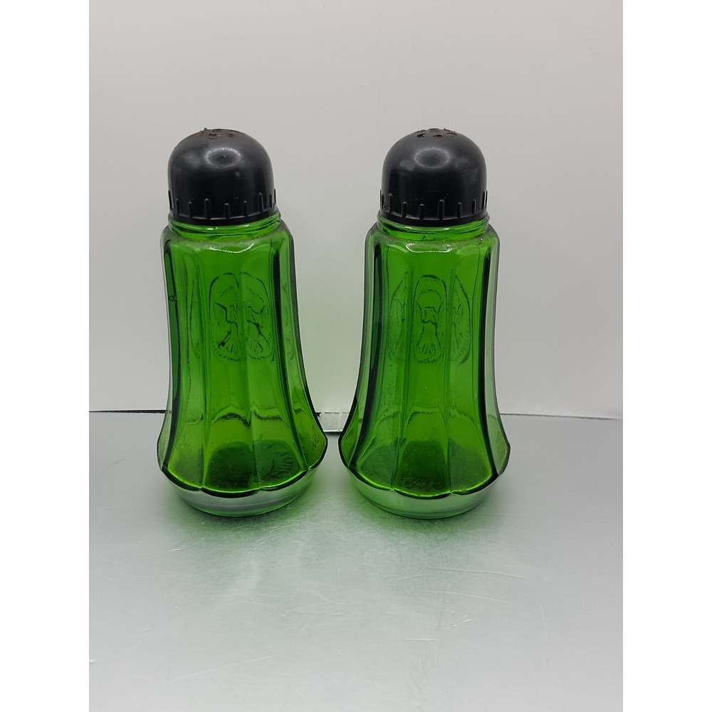 Vintage Cumberland Green Glass Eagle Salt & Pepper Shakers USA Great Seal Set - Picture 2 of 4
